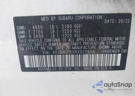 2022 Subaru Legacy Touring Xt from USA, damaged, VIN 4S3BWGP6XN3022958